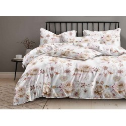 Lenjerie pat dublu, 4 piese, Bumbac Satinat Superior, Alb-Multicolor, flori, LDBS-154