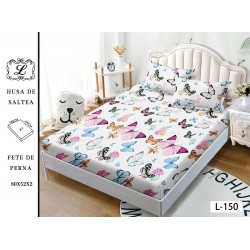 Husa pat cu elastic, Bumbac FINET, 180x200cm, 2 fete de perne 50x70cm, Alb-Multicolor, fluturi, OHT-055
