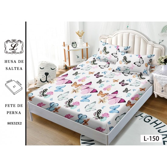 Husa pat cu elastic, Bumbac FINET, 180x200cm, 2 fete de perne 50x70cm, Alb-Multicolor, fluturi, OHT-055 3 huse la 159 lei