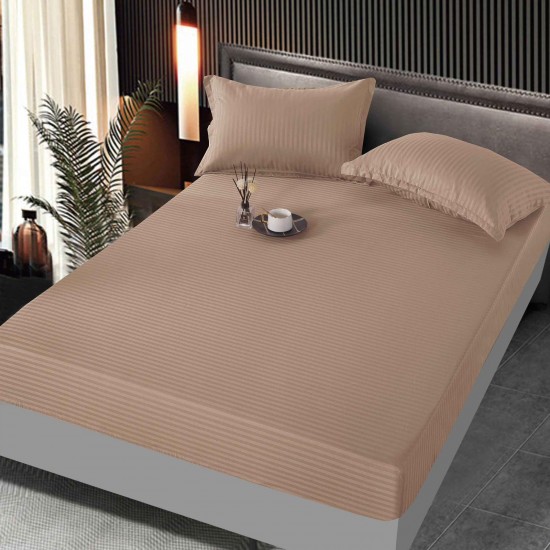 Set cearșaf cu elastic 160x200 cm din damasc finetat + 2 fețe de pernă–bej, LFD-016 Huse Damasc
