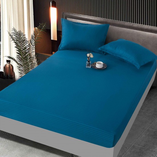 Set cearșaf cu elastic 160x200 cm din damasc finetat + 2 fețe de pernă–albastru petrol, LFD-020 Huse Damasc