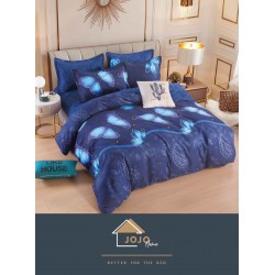 Set Lenjerie de pat din Finet Gros, Cearceaf cu ELASTIC, 6 Piese, Pat 2 Persoane, Albastru-Blue, fluturi, LDE-191