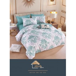 Set Lenjerie de pat din Finet Gros, Cearceaf cu ELASTIC, 6 Piese, Pat 2 Persoane, Alb-Verde, frunze, LDE-192