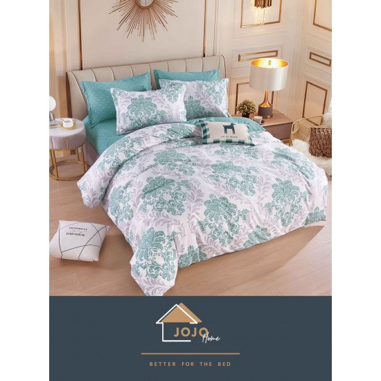 Set Lenjerie de pat din Finet Gros, Cearceaf cu ELASTIC, 6 Piese, Pat 2 Persoane, Alb-Verde, frunze, LDE-192 Lenjerii Finet 6 piese cu ELASTIC