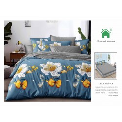 Set Lenjerie de pat din Finet Gros, Cearceaf cu ELASTIC, 6 Piese, Pat 2 Persoane, Verde-Alb, fluturi, flori, LDE-197