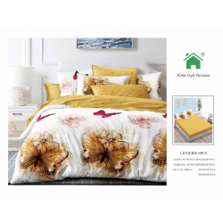Set Lenjerie de pat din Finet Gros, Cearceaf cu ELASTIC, 6 Piese, Pat 2 Persoane, Alb-Galben, fluturi, LDE-200
