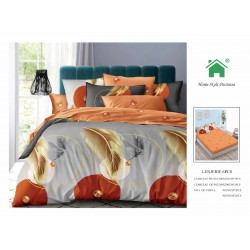 Set Lenjerie de pat din Finet Gros, Cearceaf cu ELASTIC, 6 Piese, Pat 2 Persoane, Gri-Multicolor, pene, LDE-203