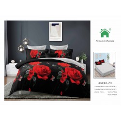 Set Lenjerie de pat din Finet Gros, Cearceaf cu ELASTIC, 6 Piese, Pat 2 Persoane, Negru-Rosu, flori, LDE-206