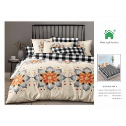 Set Lenjerie de pat din Finet Gros, Cearceaf cu ELASTIC, 6 Piese, Pat 2 Persoane, Crem-Multicolor, flori, LDE-208
