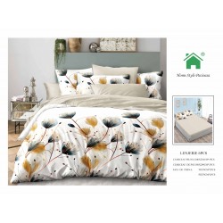 Set Lenjerie de pat din Finet Gros, Cearceaf cu ELASTIC, 6 Piese, Pat 2 Persoane, Alb-Crem, flori, LDE-209