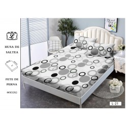 Husa pat cu elastic, Bumbac FINET, 180x200cm, 2 fete de perne 50x70cm, Alb-Gri, cercuri, OHT-070