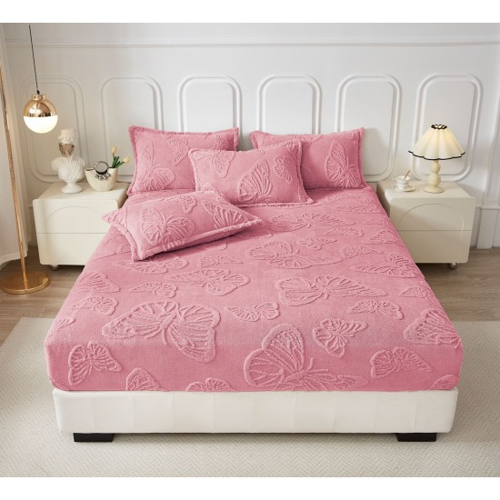 Cearsaf de Pat cu Elastic si 2 Fete de Perna, CoCoLiNo, 180x200x25cm, model FLUTURI, Roz, HCT-013 Huse Cocolino tip Tricoraj