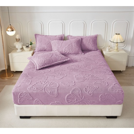 Cearsaf de Pat cu Elastic si 2 Fete de Perna, CoCoLiNo, 180x200x25cm, model FLUTURI, Lila, HCT-020 Huse Cocolino tip Tricoraj