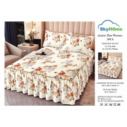 Cearsaf cu volanase, Bumbac FINET, plus  2 fete de perne 50x70cm,  Crem-Bej, flori, LDBS-173