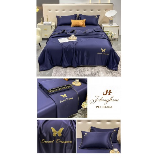 Set Lenjerie de Pat Dublu cu Pilota Vara, SATIN, 4 Piese, Bleumarin, LPV-005 Lenjerie + Pilota vara