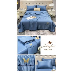 Set Lenjerie de Pat Dublu cu Pilota Vara, SATIN, 4 Piese, Albastru deschis, LPV-016