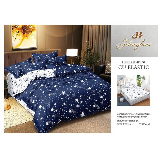 Lenjerie pat dublu, Bumbac Satinat Superior, 4 piese, cu ELASTIC, Albastru-Alb, stele, LDBSE-046 Oferta Trio 229