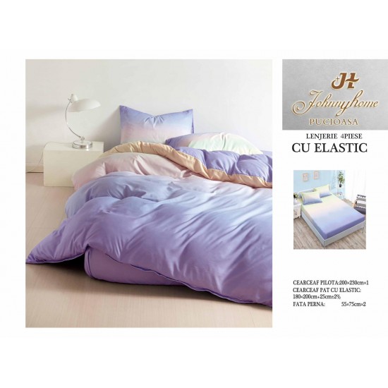Lenjerie pat dublu, Bumbac Satinat Superior, 4 piese, cu ELASTIC, Lila degrade, LDBSE-021 Oferta Trio 229