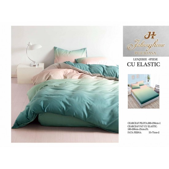 Lenjerie pat dublu, Bumbac Satinat Superior, 4 piese, cu ELASTIC, Verde degrade, LDBSE-016 Oferta Trio 229