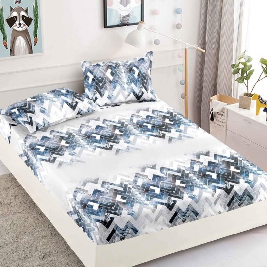 Husa pat cu elastic, Bumbac FINET, 180x200cm, 2 fete de perne 50x70cm, Alb-Blue, zig zag, HDF-034 Huse Finet 180x200cm