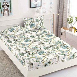 Husa pat cu elastic, Bumbac FINET, 180x200cm, 2 fete de perne 50x70cm, Alb-Multicolor, flori, HDF-018