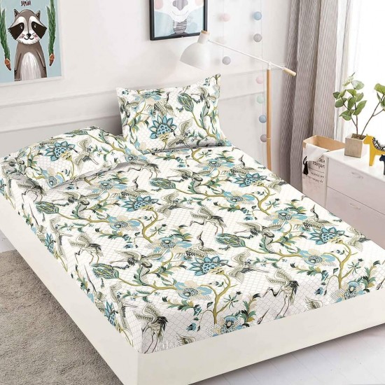 Husa pat cu elastic, Bumbac FINET, 180x200cm, 2 fete de perne 50x70cm, Alb-Multicolor, flori, HDF-018 Huse Finet 180x200cm