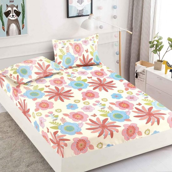 Husa pat cu elastic, Bumbac FINET, 180x200cm, 2 fete de perne 50x70cm, Alb-Rosu, flori, HDF-142 Huse Finet 180x200cm