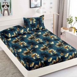 Husa pat cu elastic, Bumbac FINET, 180x200cm, 2 fete de perne 50x70cm, Verde-Galben, flori, HDF-133