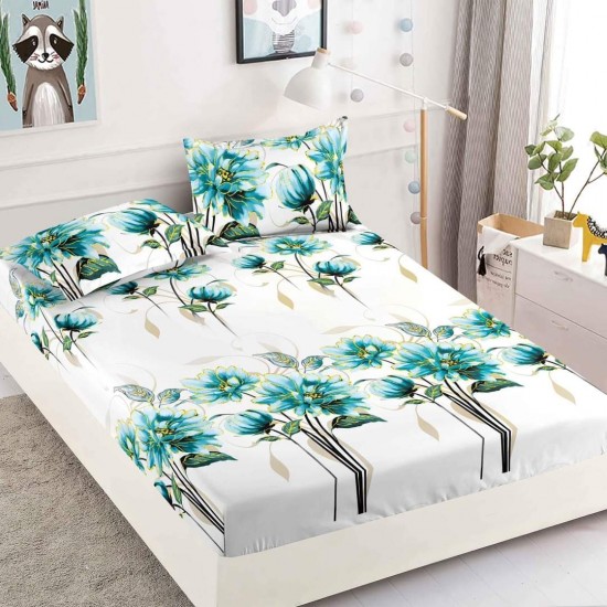 Husa pat cu elastic, Bumbac FINET, 180x200cm, 2 fete de perne 50x70cm, Alb-Verde, flori, HDF-160 Huse Finet 180x200cm