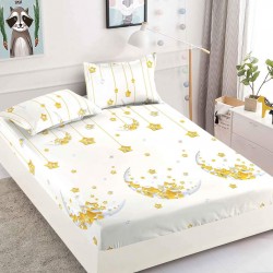 Husa pat cu elastic, Bumbac FINET, 180x200cm, 2 fete de perne 50x70cm, Alb-Galben, stele, luna, HDF-156