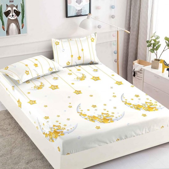 Husa pat cu elastic, Bumbac FINET, 180x200cm, 2 fete de perne 50x70cm, Alb-Galben, stele, luna, HDF-156 Huse Finet 180x200cm