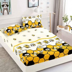 Husa pat cu elastic, Bumbac FINET, 180x200cm, 2 fete de perne 50x70cm, Galben-Alb, albine, HDF-155