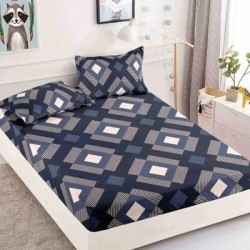 Husa pat cu elastic, Bumbac FINET, 180x200cm, 2 fete de perne 50x70cm, Bleumarin-Crem, patrate, HDF-020