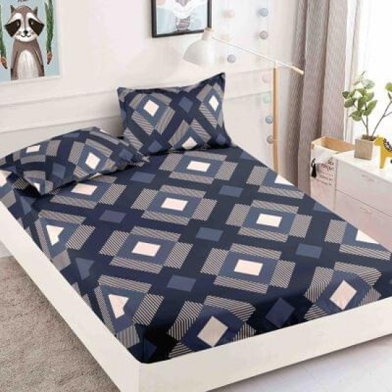 Husa pat cu elastic, Bumbac FINET, 180x200cm, 2 fete de perne 50x70cm, Bleumarin-Crem, patrate, HDF-020 Huse Finet 180x200cm