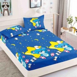 Husa pat cu elastic, Bumbac FINET, 180x200cm, 2 fete de perne 50x70cm, Albastru-Multicolor, ursulet, HDF-121