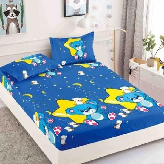 Husa pat cu elastic, Bumbac FINET, 180x200cm, 2 fete de perne 50x70cm, Albastru-Multicolor, ursulet, HDF-121 Huse Finet 180x200cm