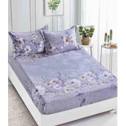 Cearsaf cu elastic COCOLINO, 180x200x25cm, plus 2 fete de perne, Lila-Alb, flori, HC-038