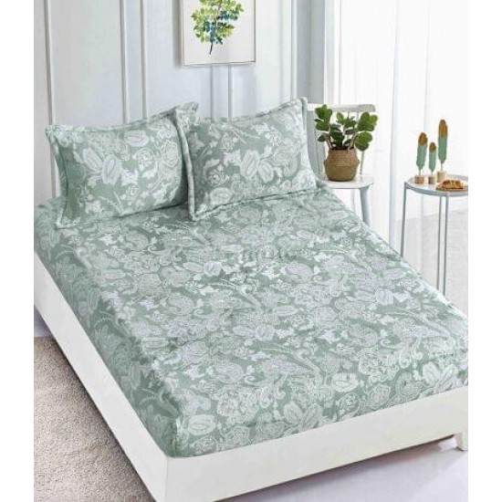 Cearsaf cu elastic COCOLINO, 180x200x25cm, plus 2 fete de perne, Verde-Alb, frunze, HC-047 Huse Cocolino
