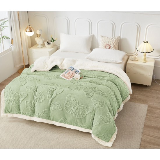 Patura Cocolino cu Blanita, Model, FLUTURI, 3D, Pat 2 Persoane, 200x230 cm, Verde, PCT-014 Patura cu Blanita tip Tricotaj