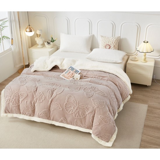 Patura Cocolino cu Blanita, Model, FLUTURI, 3D, Pat 2 Persoane, 200x230 cm, Bej, PCT-016 Patura cu Blanita tip Tricotaj