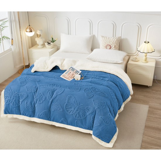 Patura Cocolino cu Blanita, Model, FLUTURI, 3D, Pat 2 Persoane, 200x230 cm, Albastru, PCT-017 Patura cu Blanita tip Tricotaj