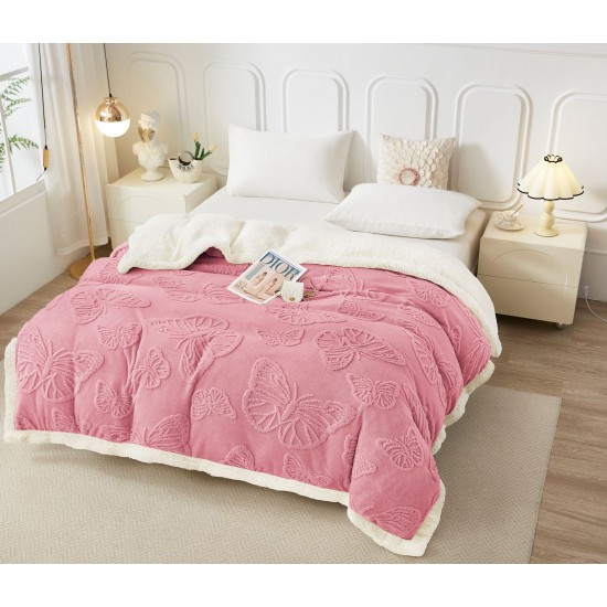 Patura Cocolino cu Blanita, Model, FLUTURI, 3D, Pat 2 Persoane, 200x230 cm, Roz, PCT-018 Patura cu Blanita tip Tricotaj