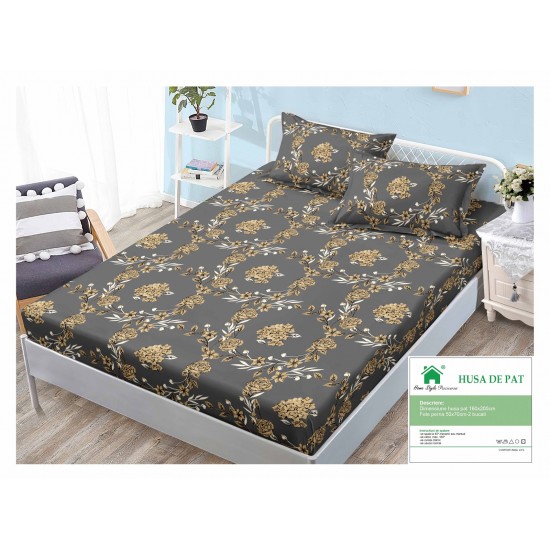 Cearsaf cu elastic, Bumbac FINET, 160x200cm, 2 fete de perne 50x70cm, Galben-Bej, flori, HDF-168 Huse Finet 160x200cm