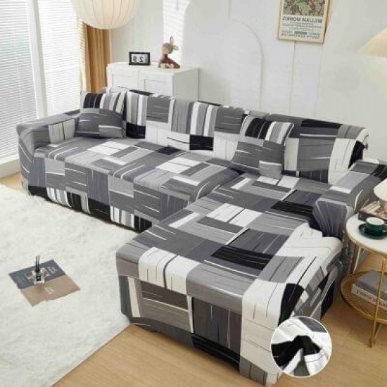 Husă elastică pentru colțar – protecție modernă și ajustare perfectă, Gri, model forme geometrice, HCM-084 Huse Coltar Canapea si Fotolii