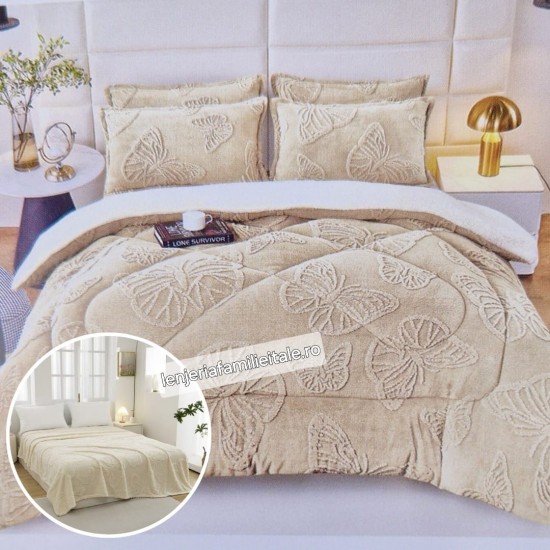 Pachet Promo: Set Pilota Pufoasa CoCoLiNo, 200x230 cm, cu Imprimeu FLUTURI 3D, plus Cearsaf Pat, Crem, PH-096 Pachet Promo