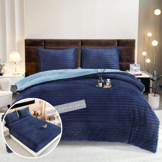 Pachet Promo: Pilota Pufoasa din Blanita artificiala de Iepure Plus, Husa de Pat cu Elastic, 6 piese, Albastru, PH-102 Pachet Promo