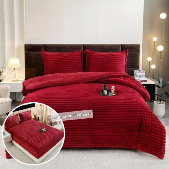 Pachet Promo: Pilota Pufoasa din Blanita artificiala de Iepure Plus, Husa de Pat cu Elastic, 6 piese, Rosu, PH-106 Pachet Promo