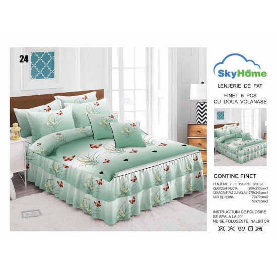 Lenjerie pat dublu, BUMBAC FINET, 6 piese, cu VOLANASE, Alb-Verde, flori, fluturi, LDV-015 Lenjerii Finet cu Volanase