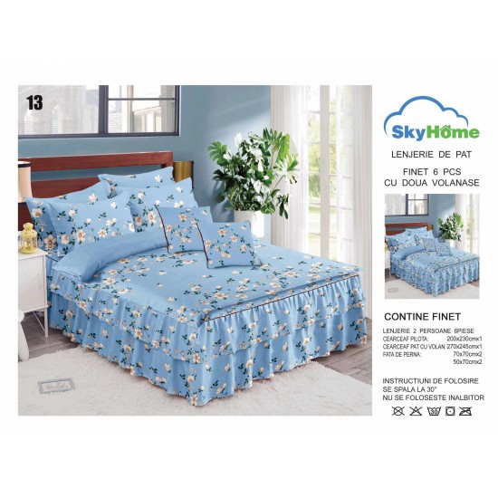 Lenjerie pat dublu, BUMBAC FINET, 6 piese, cu VOLANASE, Blue-Alb, flori, LDV-001 Lenjerii Finet cu Volanase