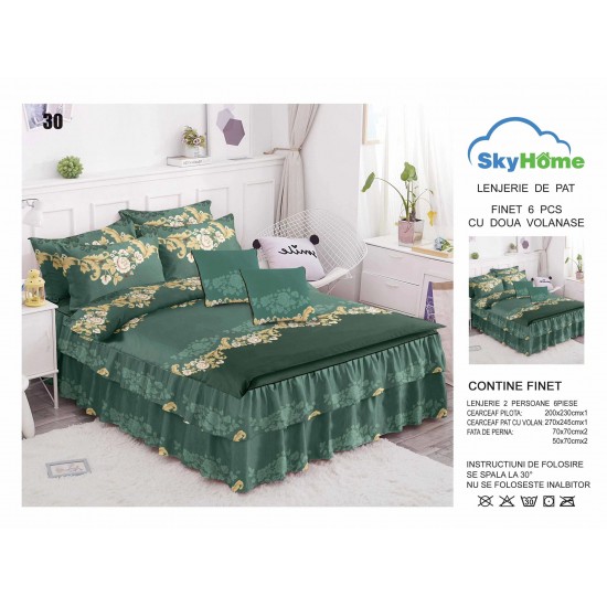 Lenjerie pat dublu, BUMBAC FINET, 6 piese, cu VOLANASE, Verde-Galben, flori, LDV-020 Lenjerii Finet cu Volanase